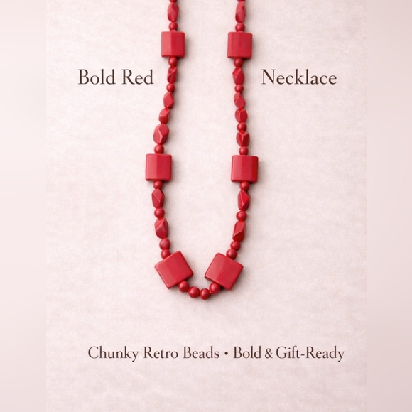 Jewelry - Valentine’s Red Statement Necklace | Chunky Retro Beads |Bold Gift-Ready Jewelry